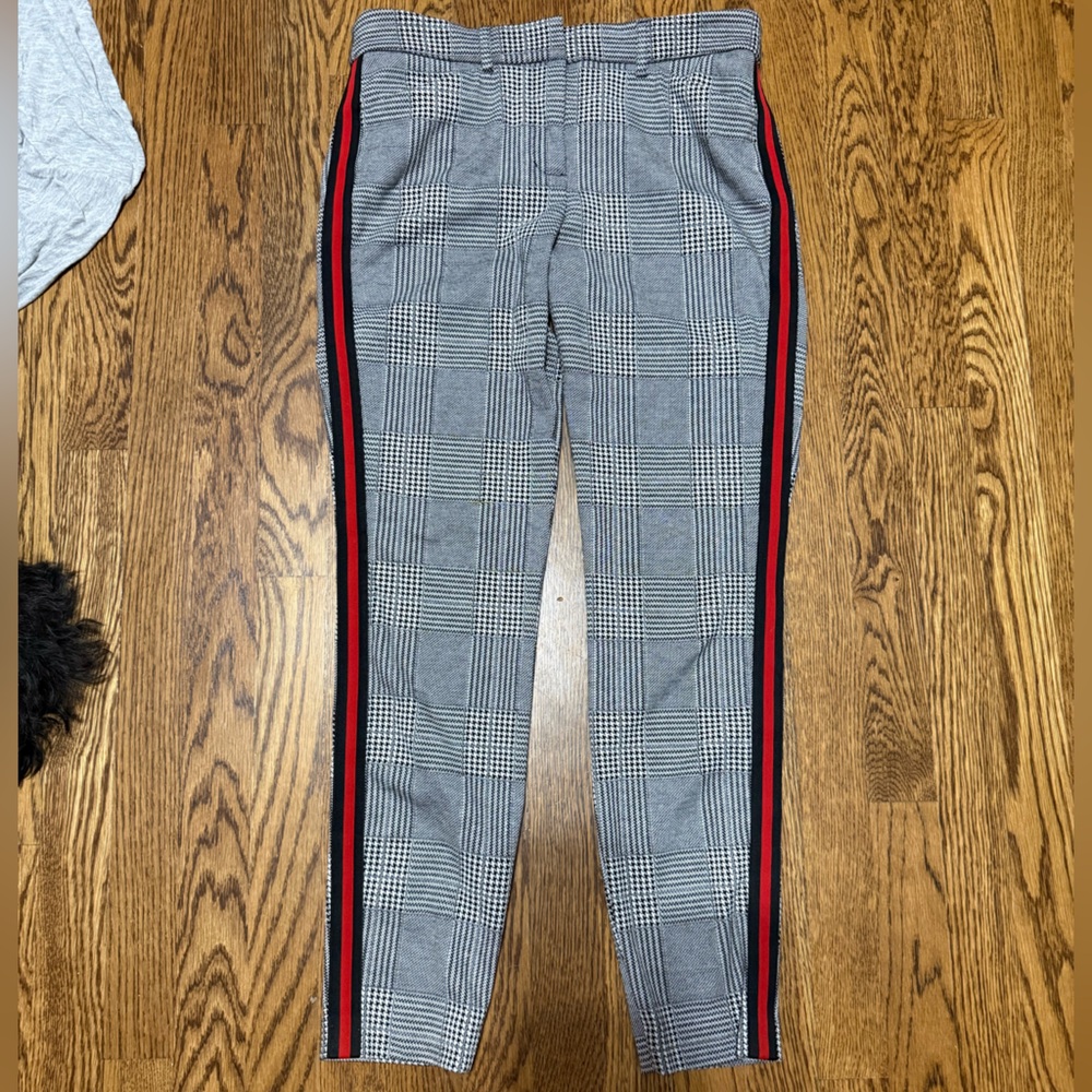 Gray Plaid Pants with Red and Black Stripes